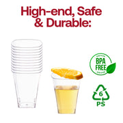 BPA-free clear square plastic cups, 8 oz capacity, safe for serving hot and cold drinks, sold in a bulk pack of 336