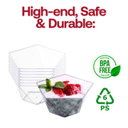 BPA-free clear star pentagon dessert cups, 3.5 oz capacity, 3.25" x 3.25" size, disposable for individual servings, 288 cups per case.