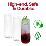 BPA-free clear stemless plastic champagne flutes, 9 oz, safe and durable for serving sparkling wine, prosecco, and cocktails