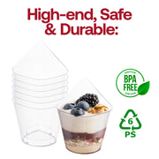 BPA-free clear teardrop disposable plastic cups, 4 oz capacity, 3.75" x 2.5", ideal for single-serving drinks or desserts, 288 cups per case.