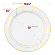 BPA-free combo set featuring gold-rimmed clear dinner and salad plates styled for upscale event