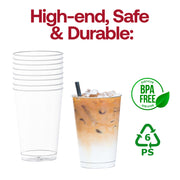 BPA-free crystal clear plastic cups, 12 oz, safe and durable for serving drinks at parties and events