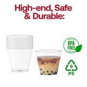 BPA-free crystal clear plastic cups, 5 oz, safe and durable for serving beverages at any event