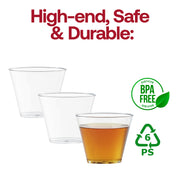 BPA-free crystal clear plastic cups, 9 oz, durable and safe for serving beverages at any event.