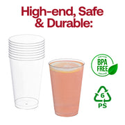 BPA-free crystal clear plastic party cups, 14 oz capacity, safe for serving both hot and cold drinks, sold in a 500-pack