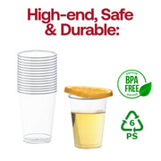 BPA-free crystal clear round plastic party cups, 7 oz capacity, safe for serving both hot and cold drinks, bulk pack of 500