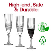 BPA-free crystal cut plastic champagne flutes, 8 oz capacity, safe and lightweight, perfect for toasting special occasions