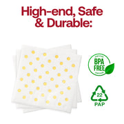 BPA-free disposable cocktail napkins in white with gold dots, safe and chic for serving drinks and appetizers