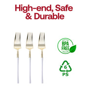 BPA-free disposable dinner forks in elegant gold with modern white handles, ideal for upscale occasions