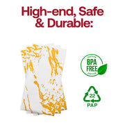 BPA-free disposable paper dinner napkins featuring a chic white base and swirling gold marble pattern; safe and stylish