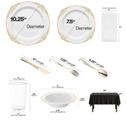 BPA-free disposable party set featuring gold-accented plates, clear cups, and premium paper napkins for safe and elegant dining.