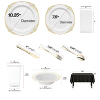 BPA-free disposable party set featuring gold-accented plates, clear cups, and premium paper napkins for safe and elegant dining.