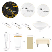 BPA-free gold-rimmed clear dinner plates with ivory linens creating a timeless wedding tablescape.