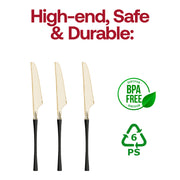 BPA-free gold Moderno disposable plastic dinner knives with black handles, safe for dining.