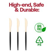 BPA-free gold Moderno disposable plastic dinner knives with black handles, safe for dining