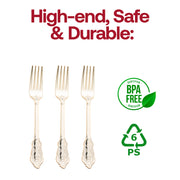 BPA-free gold baroque plastic forks, 7.4-inch, bulk 600-pack – Safe, non-toxic, and durable forks with a luxurious gold finish and ornate handles.