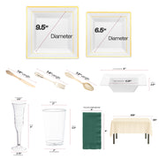 BPA-free gold cutlery enhancing square white dinner plates for elegant banquet settings.