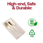 BPA-free gold plastic cutlery set in a white pocket napkin, safe for food use and ideal for gatherings of 70 guests.