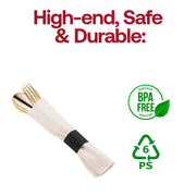 BPA-free gold plastic cutlery set with white napkin rolls, food-safe and ideal for upscale dining, serves 100 guests.