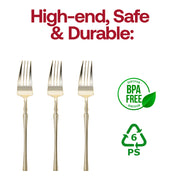 BPA-free gold plastic dessert forks, 7 inches, durable and food-safe; disposable for convenience