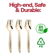 BPA-free gold plastic serving forks, 9.75 inches, food-safe and perfect for elegant dining, sold in a pack of 60.