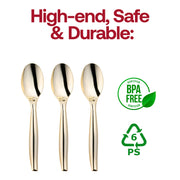 BPA-free gold plastic serving spoons, 9.75 inches, safe for food use and perfect for upscale events, pack of 60.