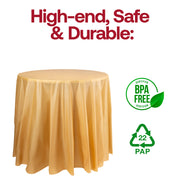 BPA-free gold round plastic tablecloths, disposable and food-safe, 84-inch diameter, sold in a pack of 96.