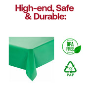 BPA-free hunter green disposable plastic tablecloth, 54 x 108 inches, providing safe and eco-conscious coverage for event tables.