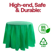 BPA-free hunter green plastic tablecloths, round 84-inch design, food-safe and disposable, sold in a case of 96.