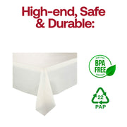 BPA-free ivory disposable plastic tablecloth, 54 x 108 inches, offering safe, eco-conscious coverage for event tables.