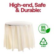 BPA-free ivory round plastic tablecloths, 84-inch size, food-safe and disposable, sold in a bulk pack of 96.