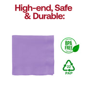 BPA-free luscious lavender paper beverage napkins, 10" square, soft and safe for party use, sold in 600-pack case.