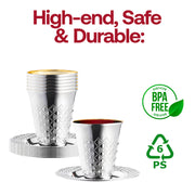 BPA-free metallic silver plastic Kiddush cup and saucer set, elegant aluminum-like finish, 5 oz capacity