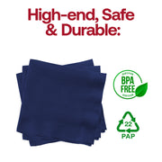 BPA-free navy blue cocktail napkin made from food-safe paper, 10 x 10 inches, in a bulk case of 600 napkins.