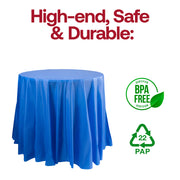 BPA-free navy round plastic tablecloths, food-safe and disposable, 84 inches in diameter, sold in a bulk pack of 96.