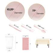 BPA-free pink and gold round plastic plates with matching clear cups, ivory tablecloths, and pink napkins for baby showers.