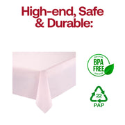 BPA-free pink disposable plastic tablecloth, 54 x 108 inches, offering safe and eco-conscious coverage for event tables.