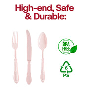 BPA-free pink plastic cutlery set featuring ornate Baroque-style handles, includes forks, knives, and spoons in a bulk case of 480