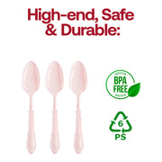 BPA-free pink plastic dinner spoons featuring ornate Baroque-style handles, measuring 8.25", in a case of 480