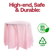 BPA-free pink plastic tablecloths, round 84-inch design, disposable and food-safe, comes in a pack of 96.