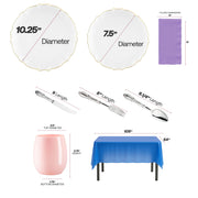 BPA-free plastic dinnerware bundle with clear gold-rim plates, pink cups, and silver baroque cutlery for safe, stylish entertaining.