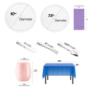 BPA-free plastic dinnerware bundle with clear gold-rim plates, pink cups, and silver baroque cutlery for safe, stylish entertaining