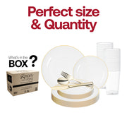 BPA-free plastic dinnerware with gold accents styled for formal wedding table with drinks and desserts