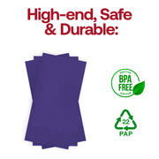 BPA-free purple dinner napkin made from soft, disposable paper, unfolded to 16 x 16 inches, sold in 600-pack