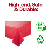 BPA-free red disposable plastic tablecloth, 54 x 108 inches, offering safe and eco-friendly table coverage for events.