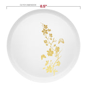 BPA-free round plate with glossy white center and floral gold edge, perfect for canapés or cake