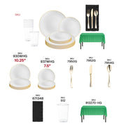 BPA-free set with gold flatware, green tablecloths, and clear cups for fan celebrations.