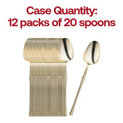 BPA-free shiny gold Moderno plastic dinner spoons, 8.1 inches, safe for food use, disposable, and ideal for parties and catering.