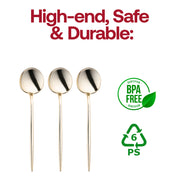BPA-free shiny gold Moderno plastic dinner spoons, 8.1 inches, safe for food use, disposable, and ideal for parties and catering