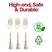 BPA-free shiny gold plastic forks, food-safe and disposable, available in a bulk pack of 600 for large gatherings